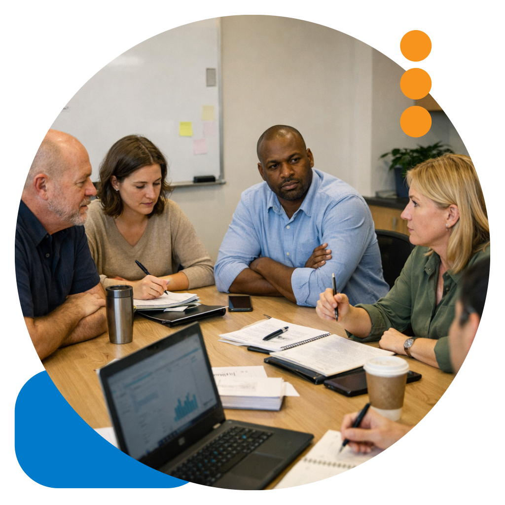 Natural photo of a table of people at an office having a meeting  Avoid making the group look too perfect or studiocreated  The office should be clean-1