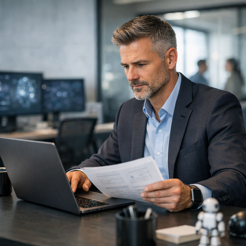 Professional IT consultant reviewing AI policy documentation on laptop in modern office environment